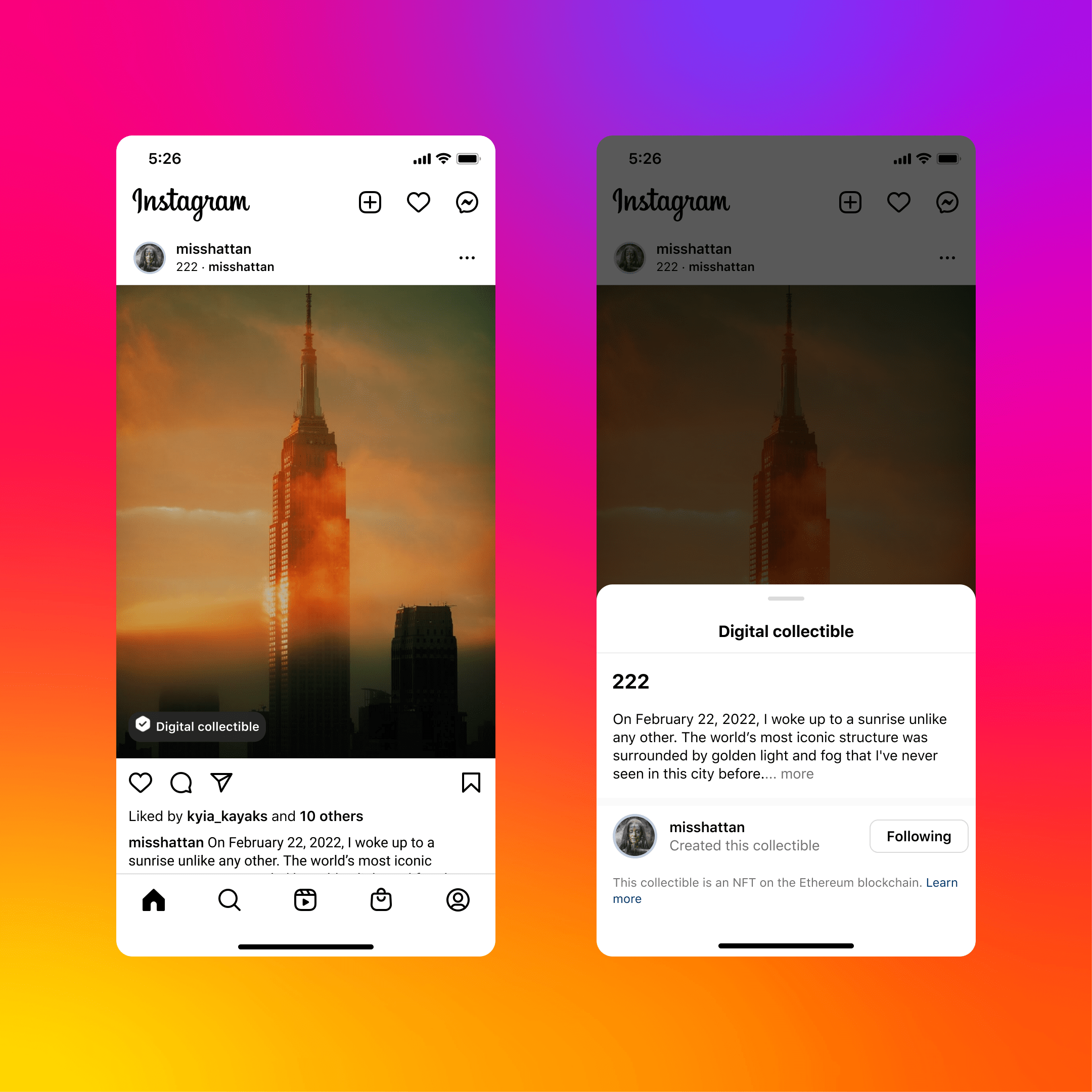 Example of how NFTs will look on Instagram
