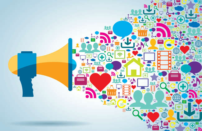 Megaphone omitting graphics of many social-type online symbols and logos