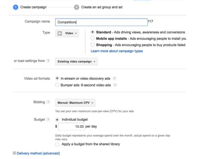 Ad campaign creation page targeting competitors traffic sources