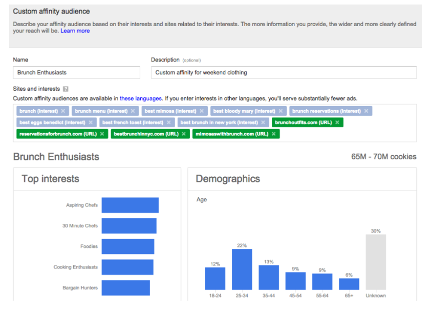 Custom affinity audience tool filled with specific targeting metrics resulting in predicted top interests and demographics