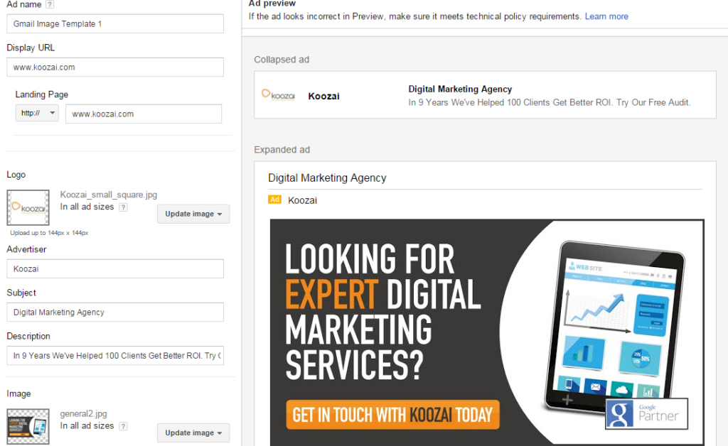 Ad campaign webpage filled with targeting "Digital Marketing Agency"