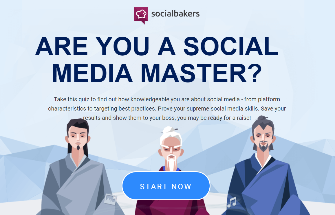 Socialbakers quiz graphic to find how knowlegable participants are about social media. Marketing marital Arts Monks below text