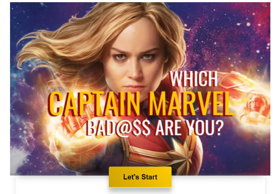 MCU's Captain Marvel action shot. Text reads "Which Captain Marvel Bad@$$ Are You?