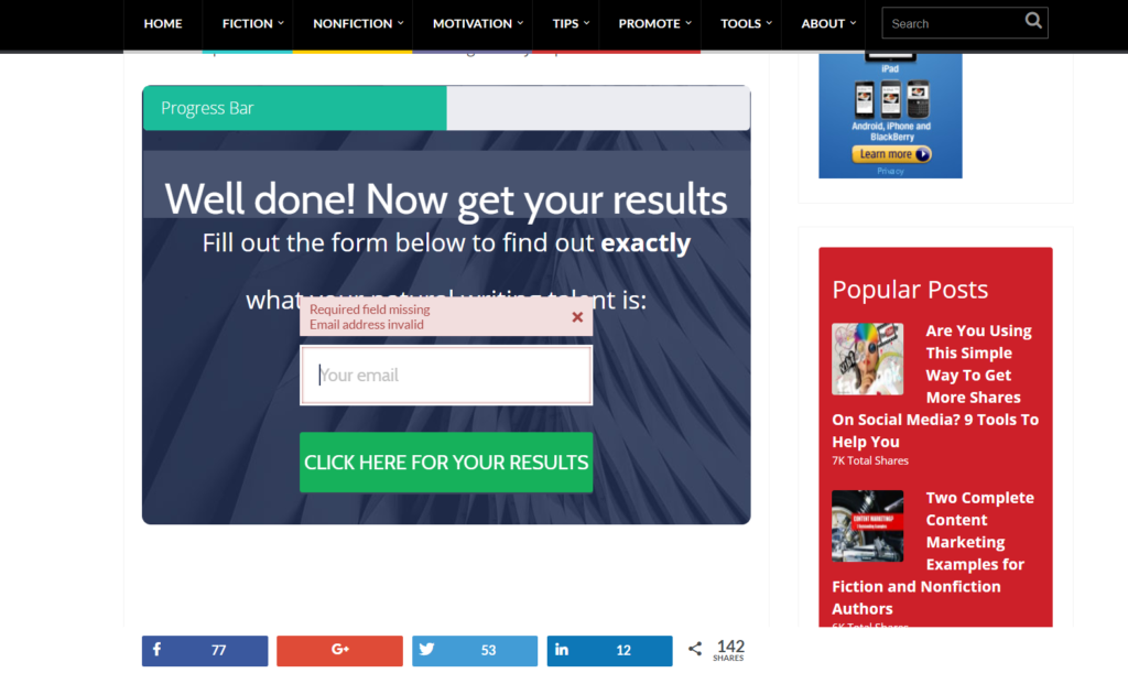 Quiz required participants to enter email address halfway through the process before allowing continuation