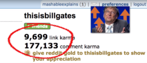 thisisbillgates Reddit screenshot, highlighting 10,000 link karma and 175,000 comment karma