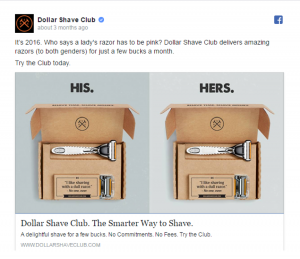 Dollar Shave Club "his & hers" Facebook advertisement example