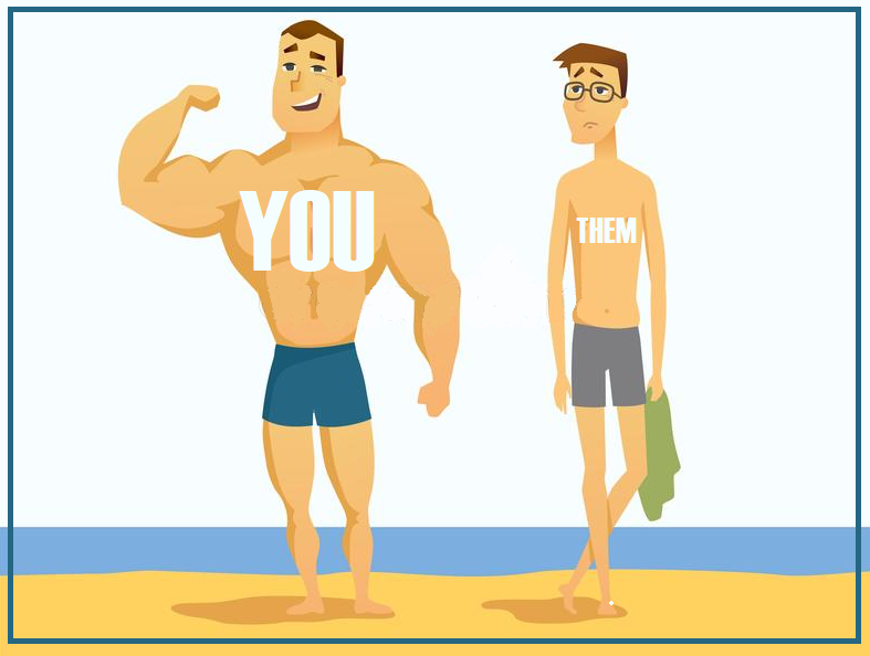 Big strong confident man "you" next to a smaller unconfident one "them"