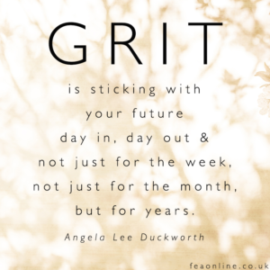 Text overlaying a blurred image of a tree - "Grit - is sticking with your future day in, day out... for years." - Angela Lee Duckworth