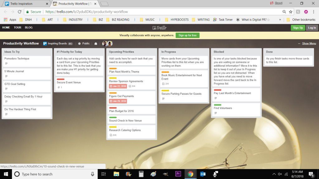 Trello project example, many cards displayed with to-do's and objectives in every stage of completion