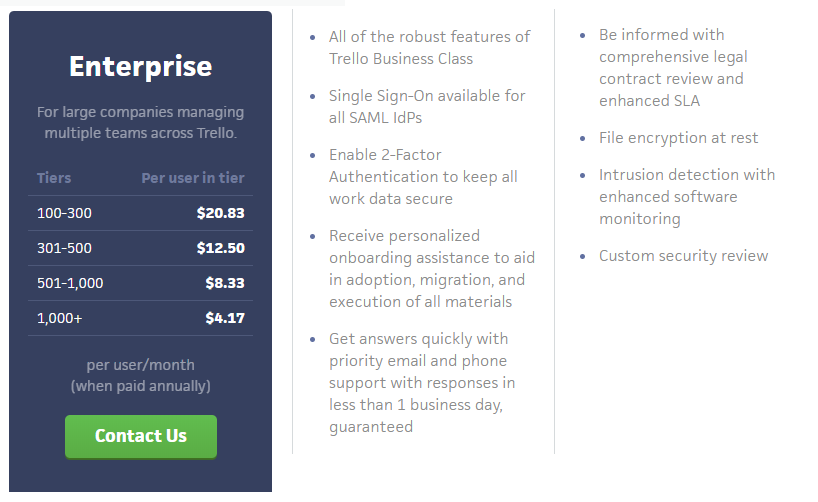 Trello pricing: "Enterprise $20.83/moth" Screenshot