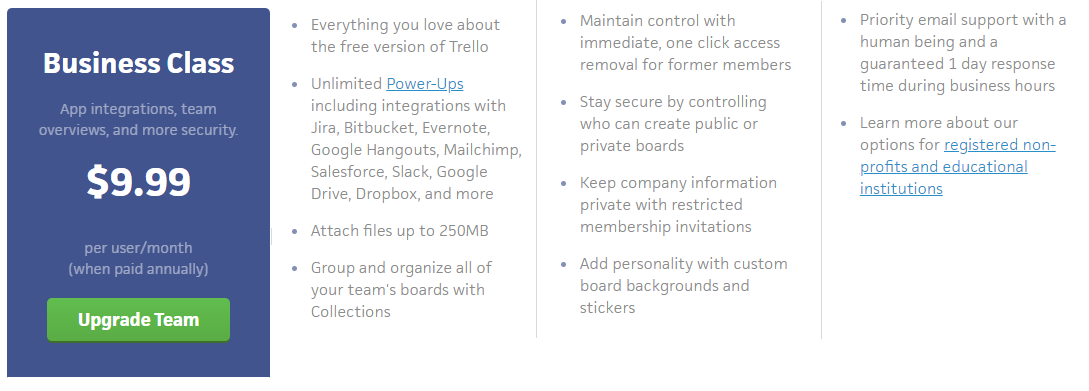 Trello pricing: "Business Class $9.99/month" screenshot