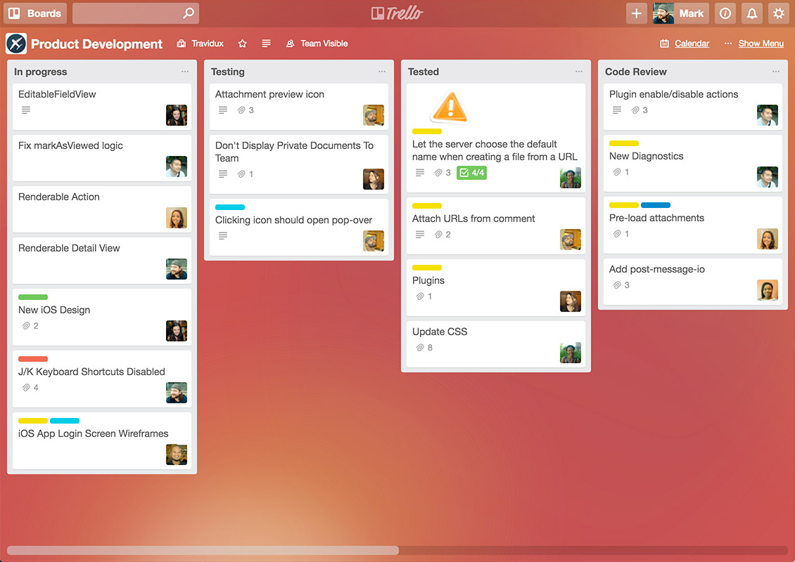 Trello being used for product development. Tasks range from in progress to code review