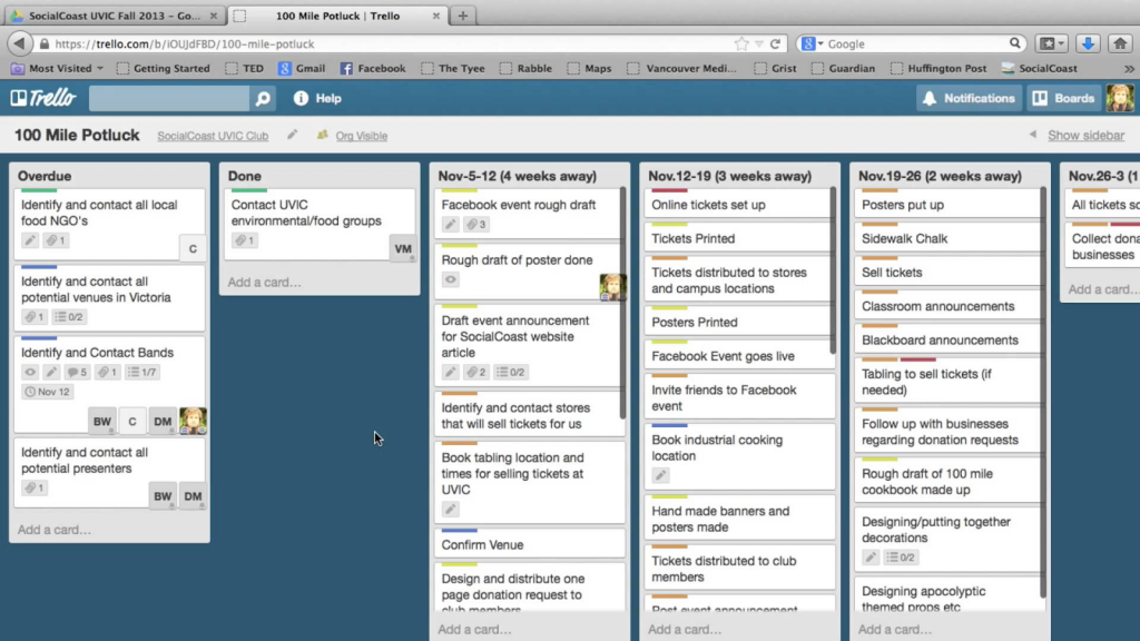Trello being used for 100 Mile Potluck. Tasks range from Overdue/Done, to specific dates for deliverables