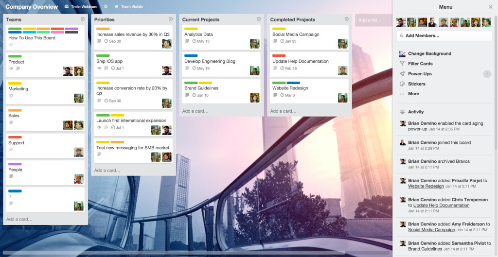 Trello menu example with many features