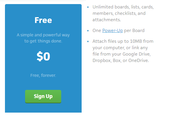 Trello pricing: "$0, free forever" screenshot