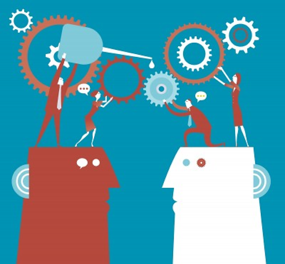 Two mini people standing in the brain of two men and oiling the gears of thought for each