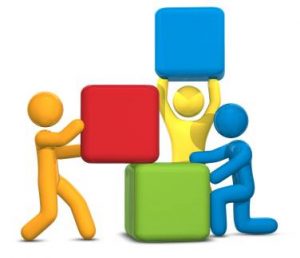 3-D stick people putting building-blocks together