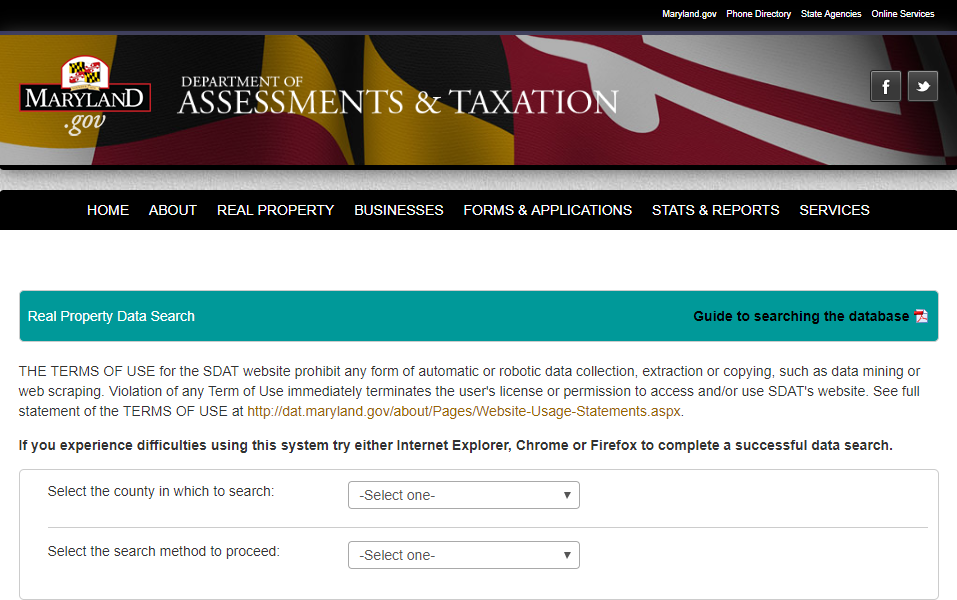 Maryland.gov Assessments & Taxation webpage screnshot