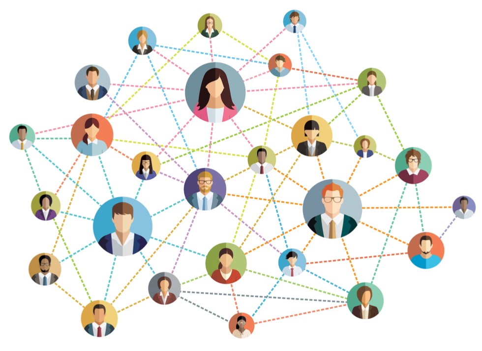 Profile pictures connected with dotted lines to represent connectivity between people online
