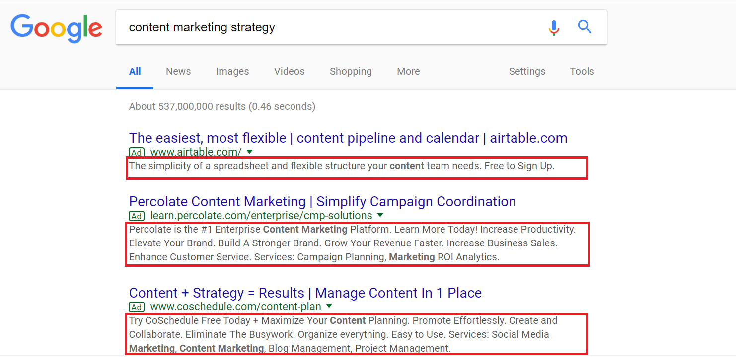 SERP for the phrase "content marketing strategy" with highlighted meta description