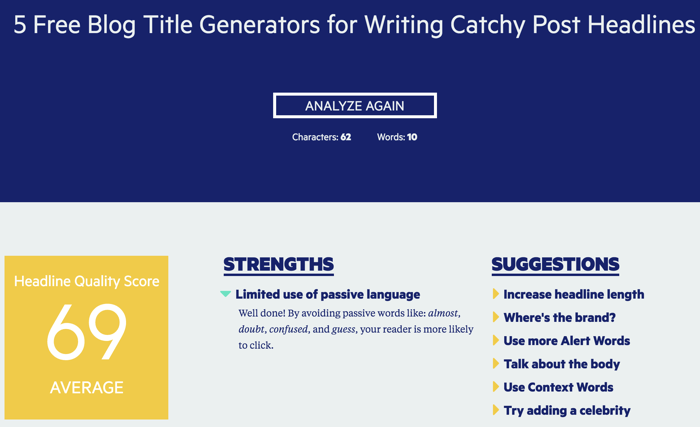 5 Free Blog Title Generators for Writing Catchy Post Headlines" screenshot tool with strengths and suggestion metrics