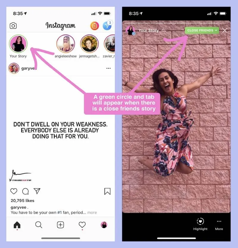 Post with a green 'Close Friends' notification in Instagram