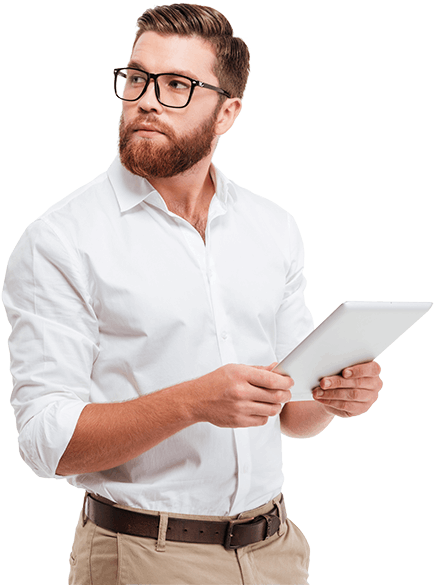 Man in shirt holding iPad.