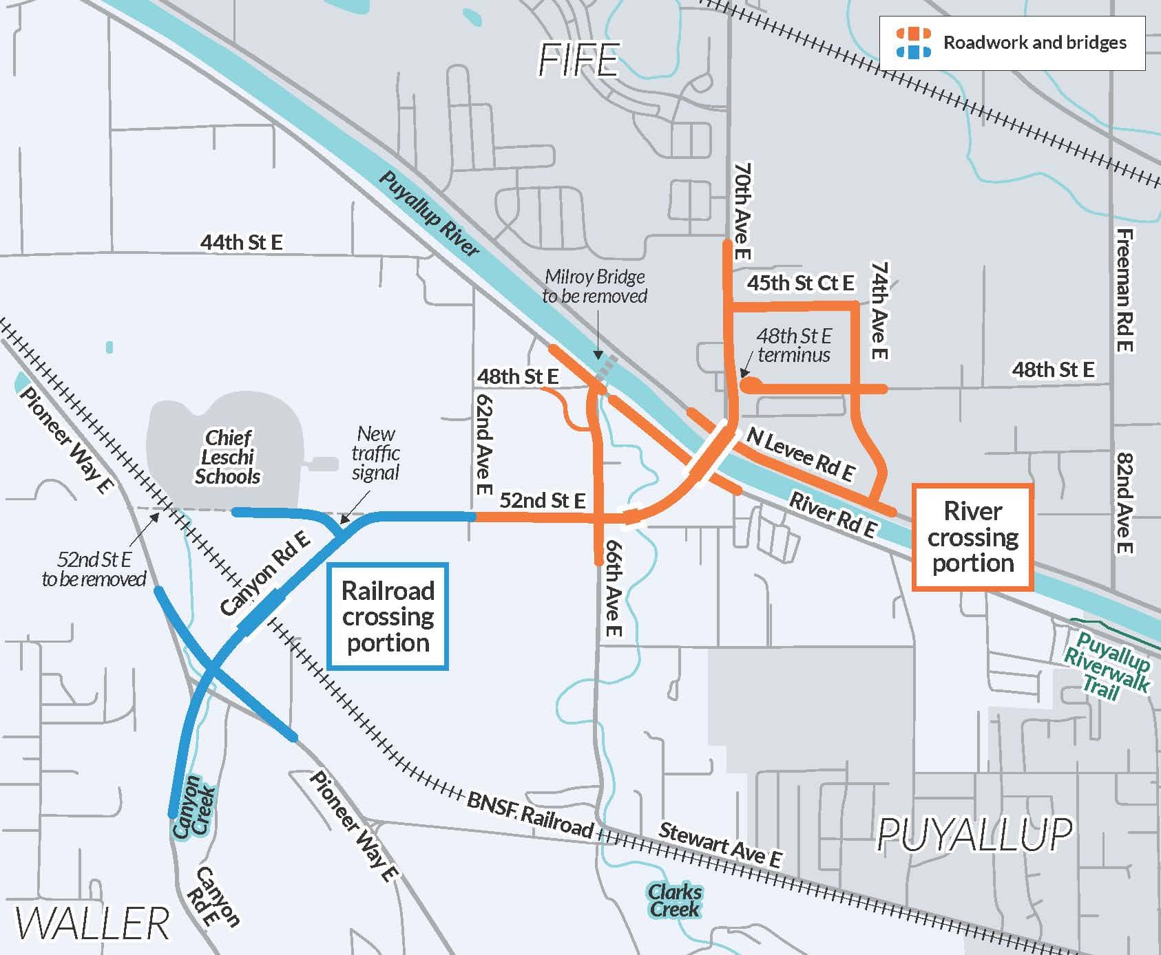 Map depicting the location of the railroad and river crossing portions of this project.