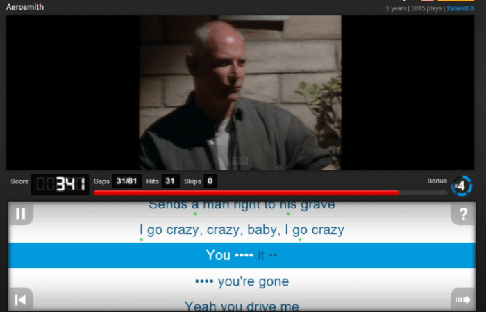 The website uses missing lyrics to train students' language skills in a fun way