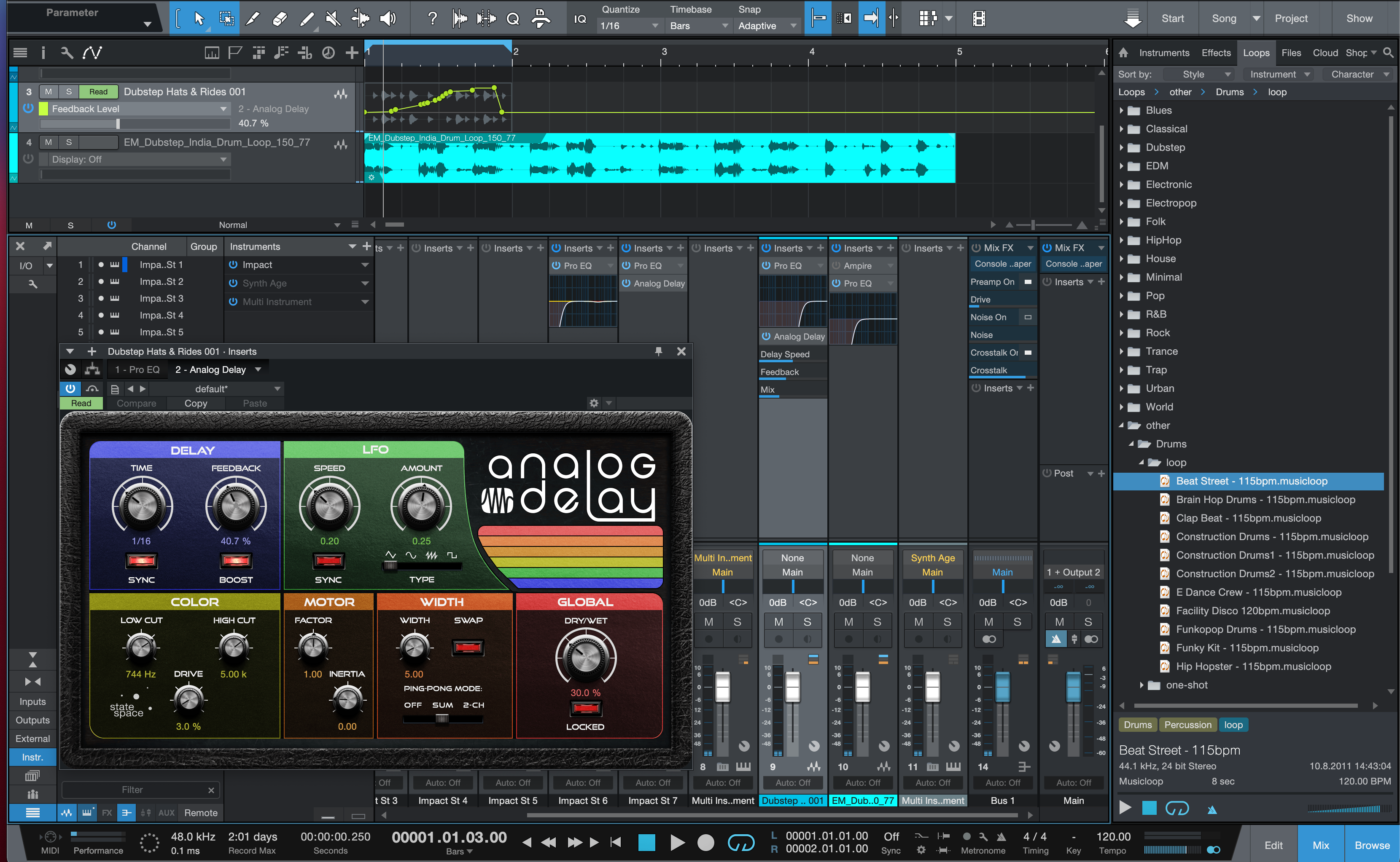 Studio One mixweergave met stock delay