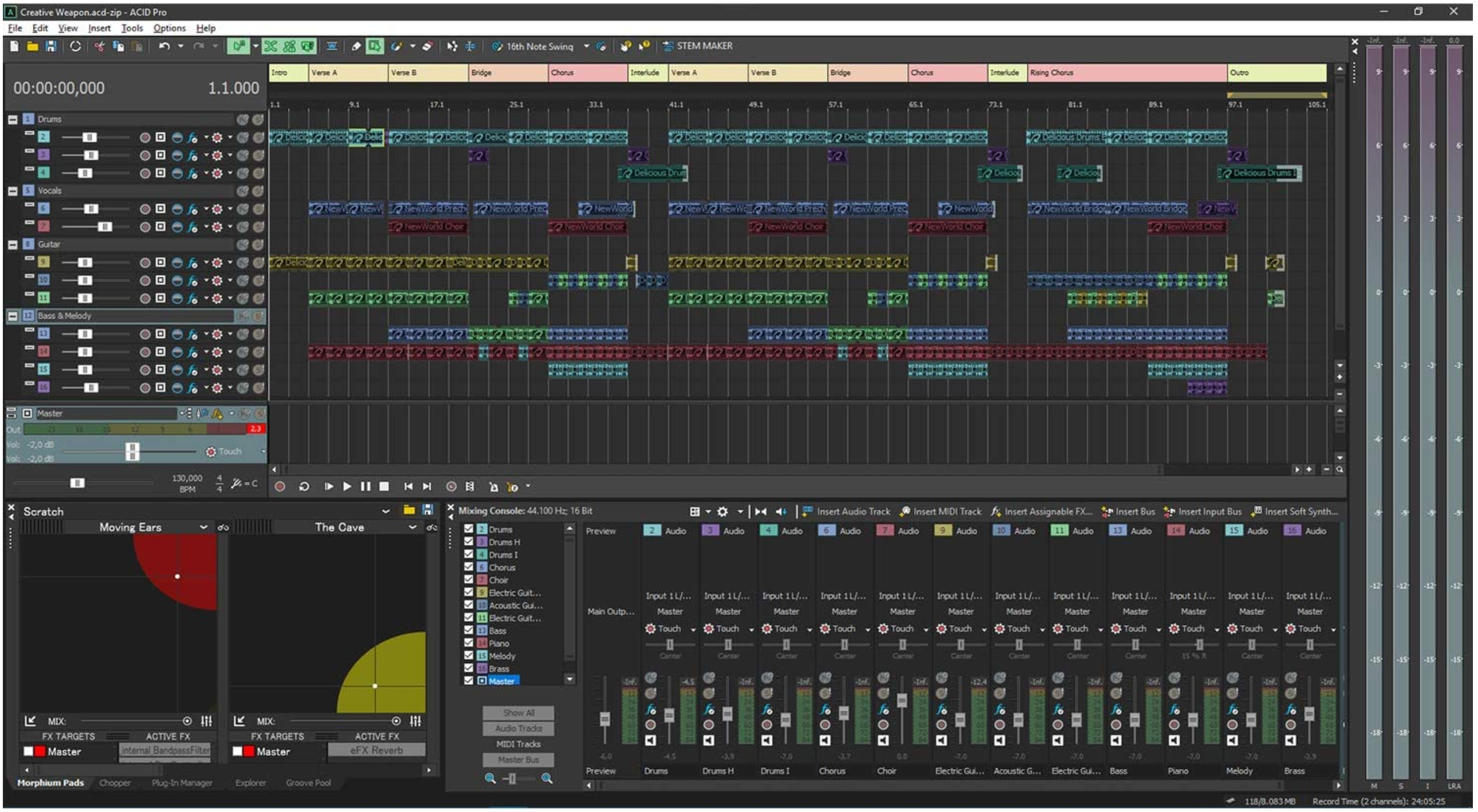 ACID Pro arrangeer uitzicht met Morph Pads (linksonder)
