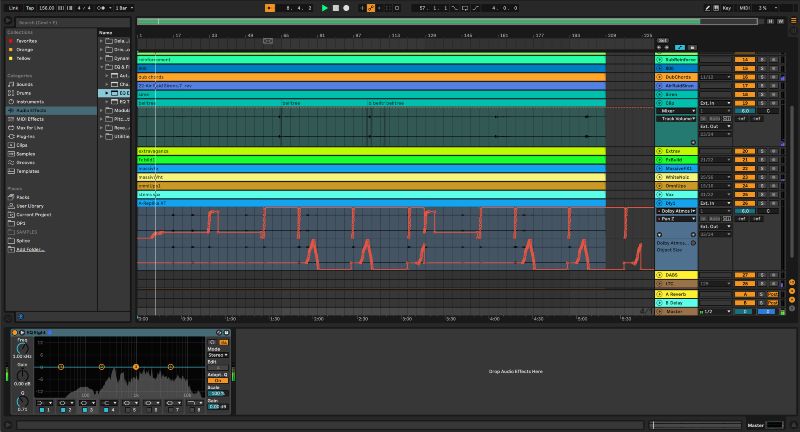 Vista dell'arrangiamento di Ableton Live che mostra il volume della traccia, il panning e le mandate a destra e gli inserti in basso.