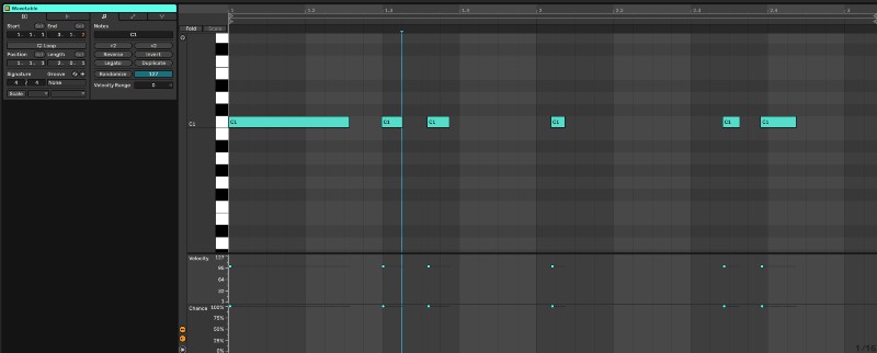 Piano roll in Ableton Live, con cursori di velocity e chance per ogni nota.