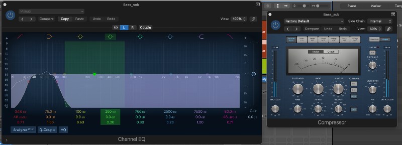 EQ e compressore dei canali di Logic Pro X.
