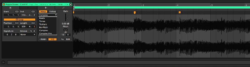 Visualizzazione del warp di Ableton Live con marcatori di warp e diverse impostazioni di warp: Beats, Tones, Texture, Re-Pitch, Complex e Complex Pro.