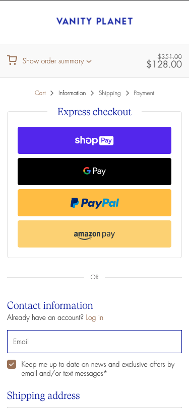 Vanity planet mobile checkout