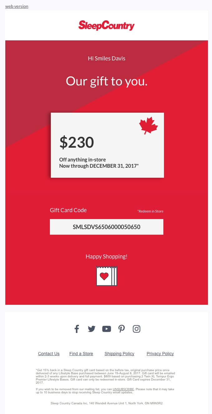 SleepCountry Winter gift cards campaign for Christmas