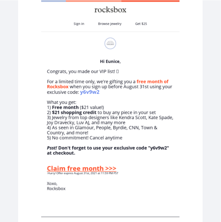 Rocksbox gift cards for VIP clients