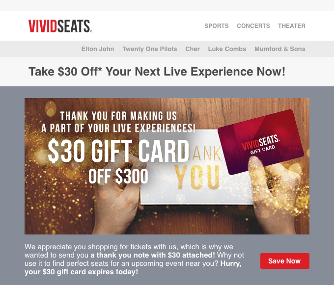 Vivid Seats Thank you campaign with gift vouchers