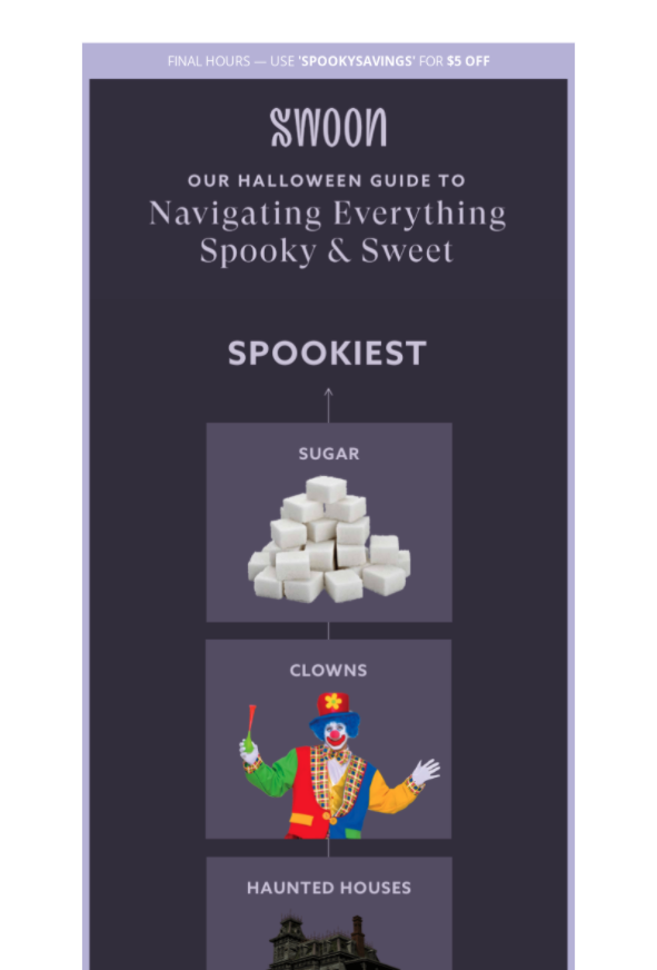 Swoon Halloween 5$ discount coupon promotional email