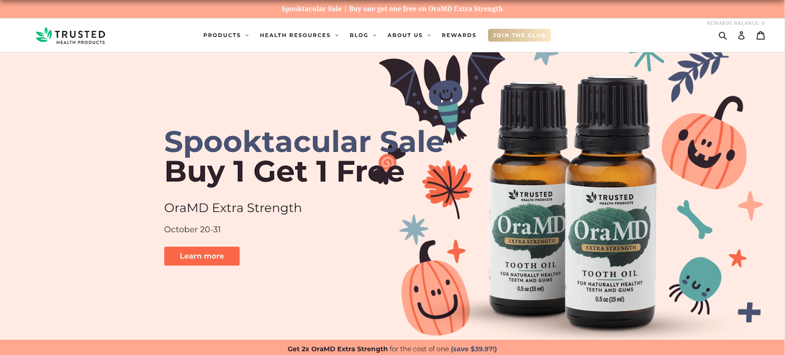 Trusted Health products Halloween campaign – Homepage with the hero reading "Spooktacular Sale"