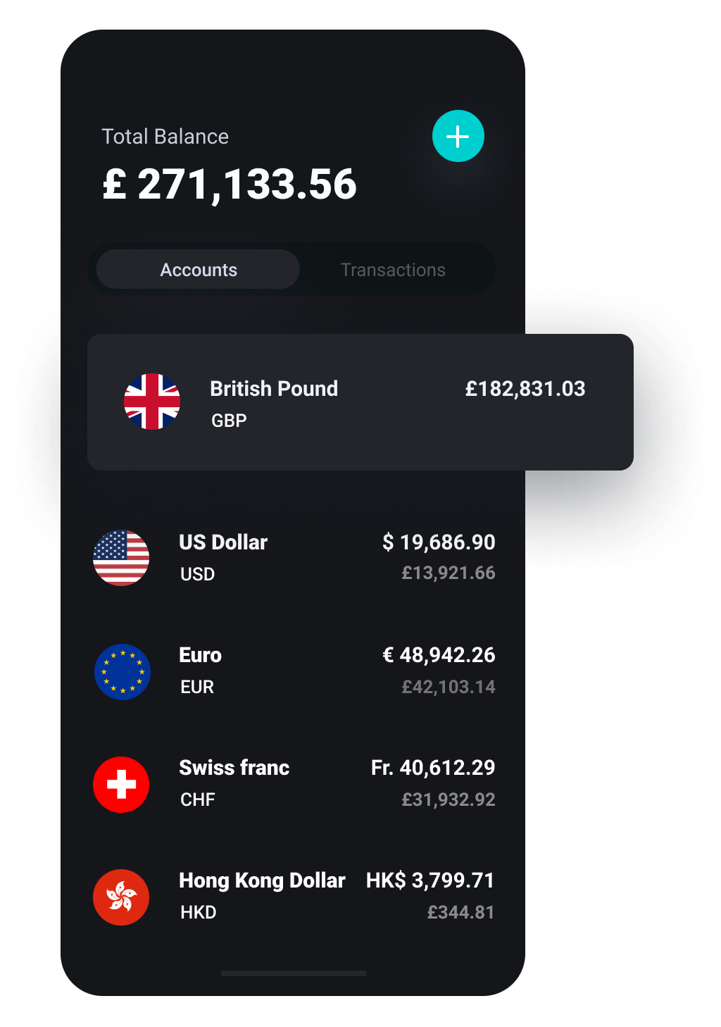 Mobile screen with grey background showing multi-currenty bank accounts and total balance within incard app