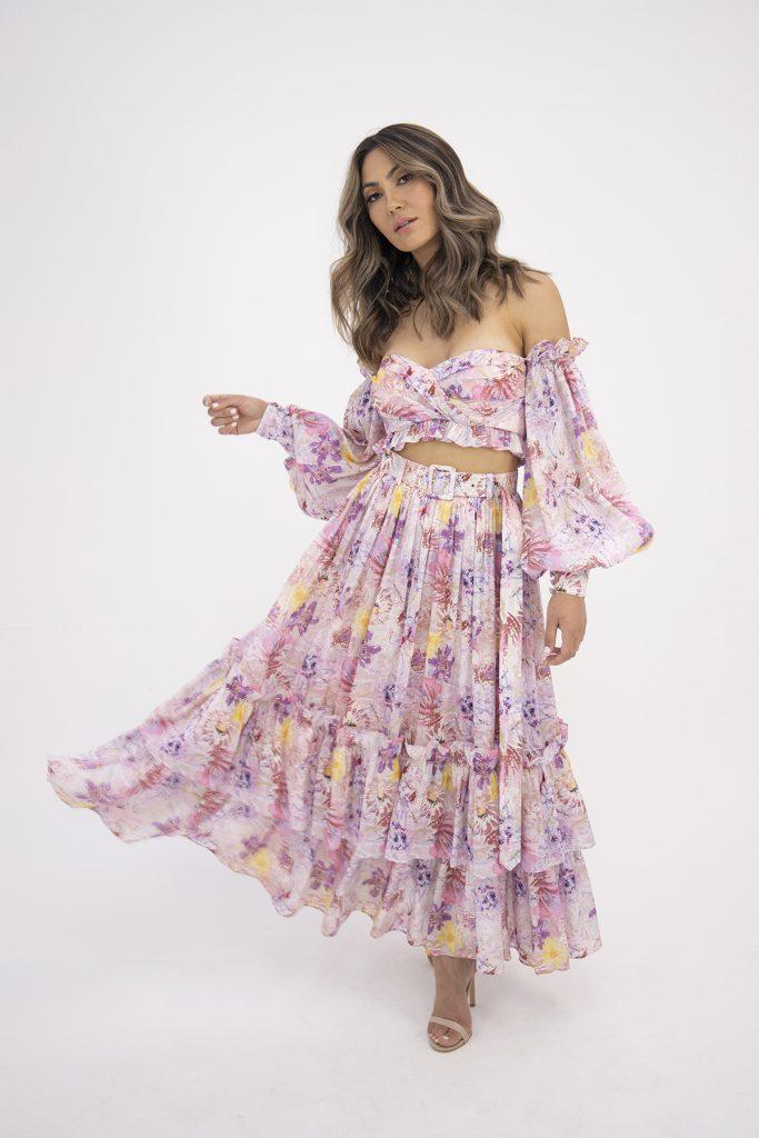 Model in Leo & Lin's Euphoria Silk Linen Bralette and Skirt Set