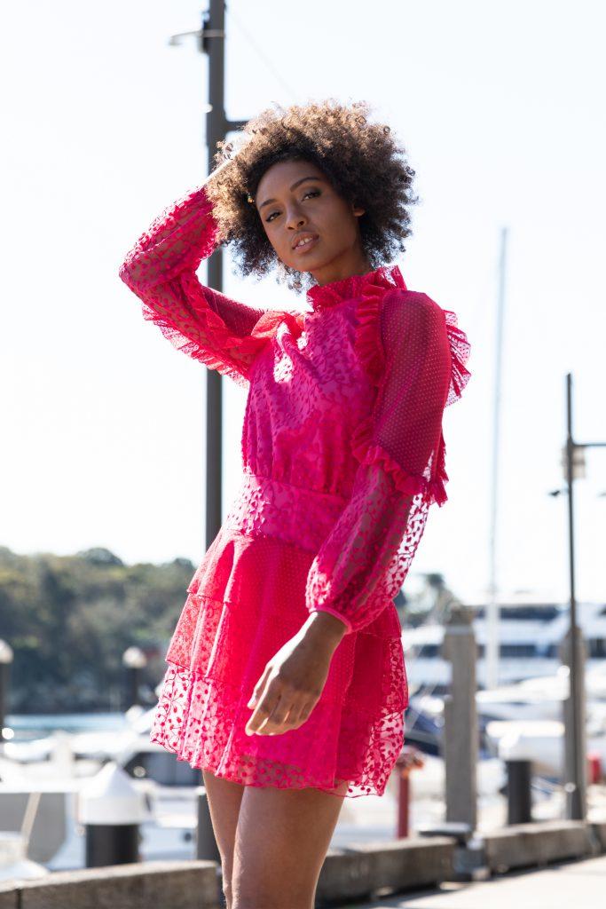 model-wearing-talulah-fuscia-delight-mini-dress-pink