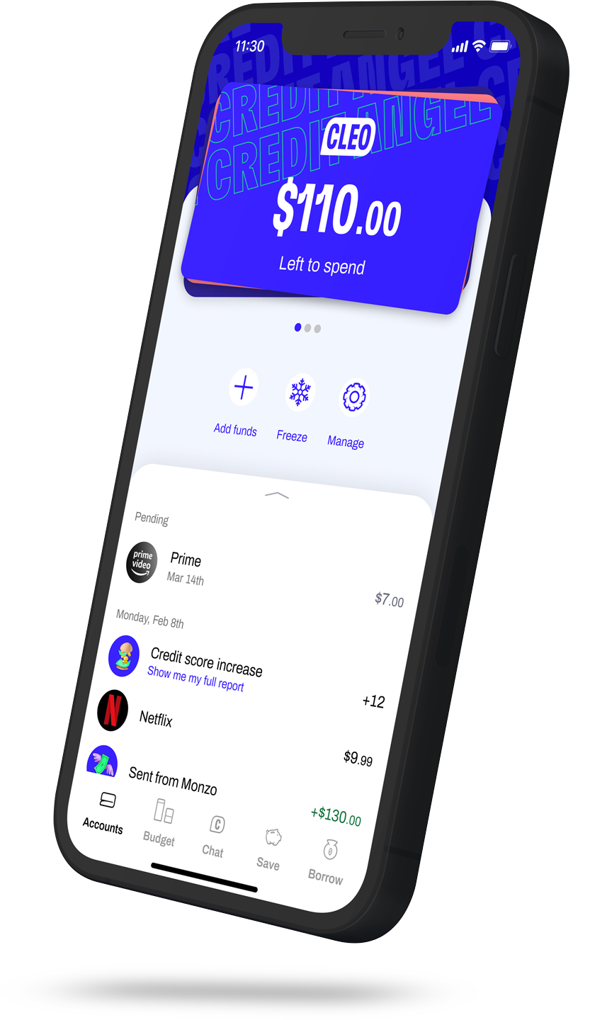 Account screen showing the money available on the credit builder card.