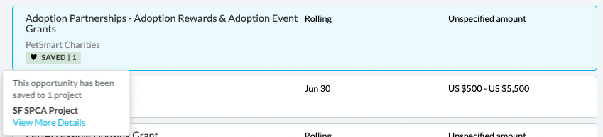 Matches that have already been saved have a label that -- on hover-- shows the project it's saved to