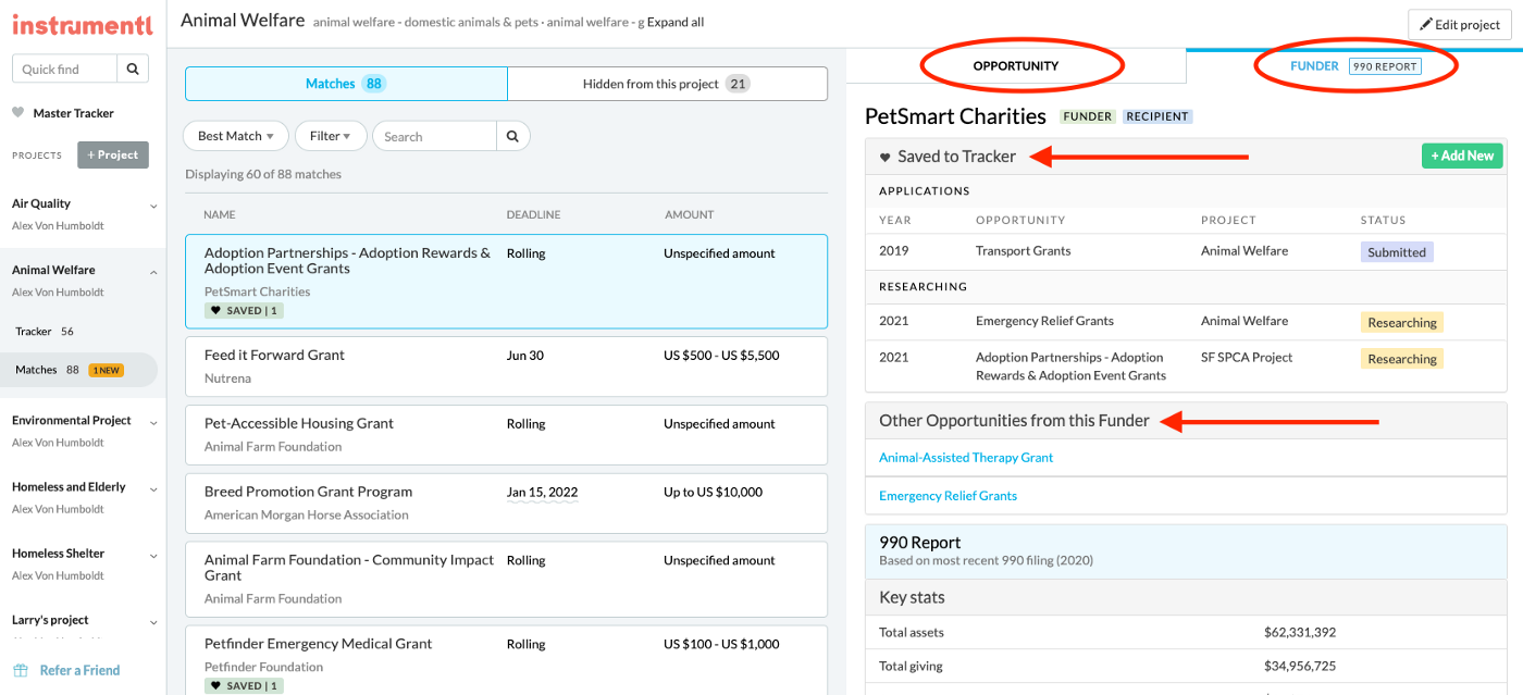 Opportunity and Funder tabs split information for each grant