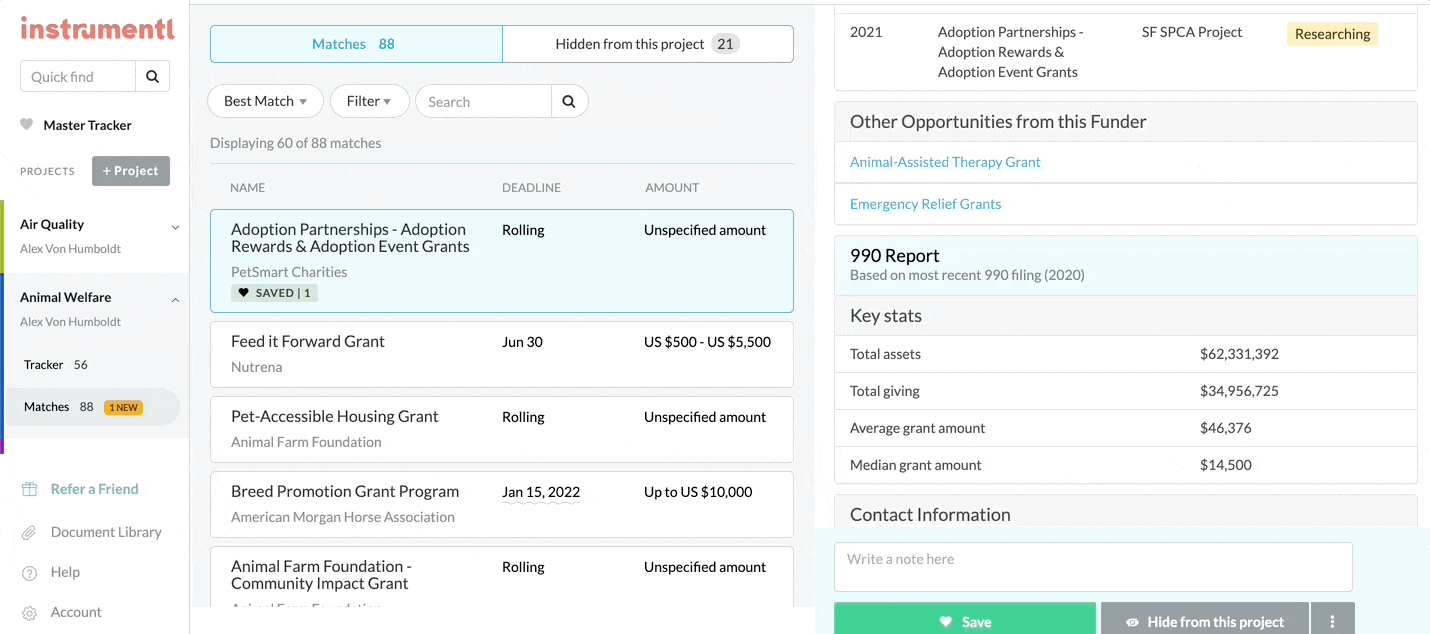 Lookup a nonprofit and see past awards received