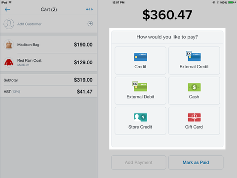 Screenshot of payment options in checkout