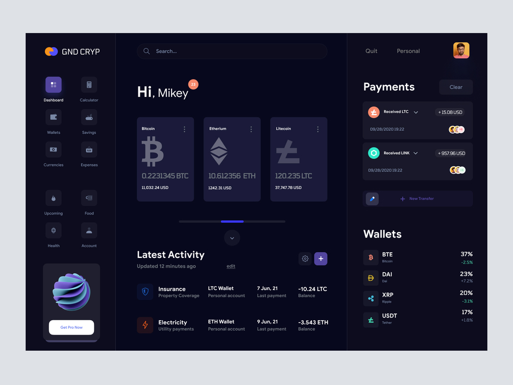 Crypto Dashboard UI - Dark Theme